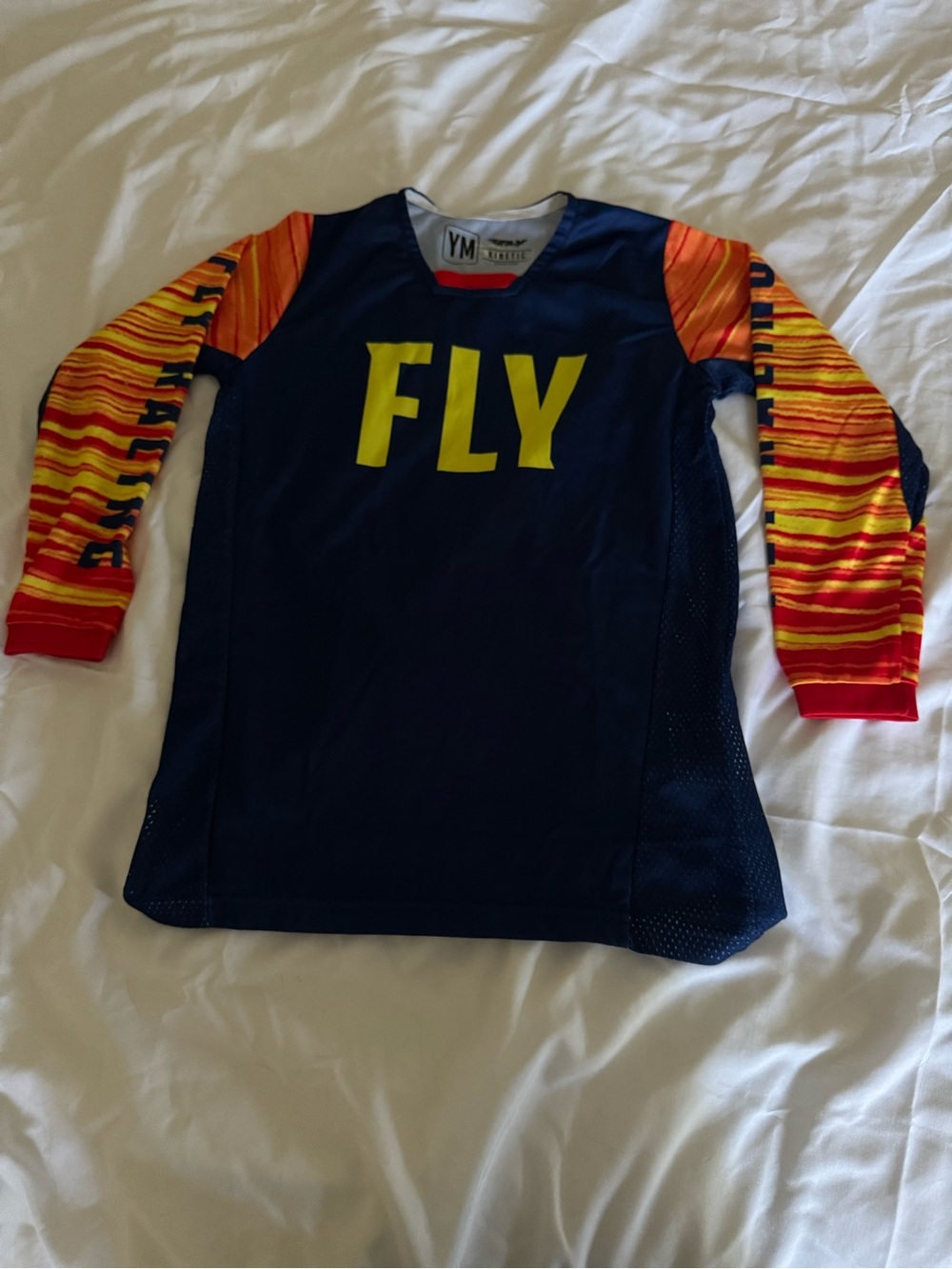 FLY Long Sleeve Athletic Jersey in Navy with Yellow Logo and Orange-Red Sleeves
